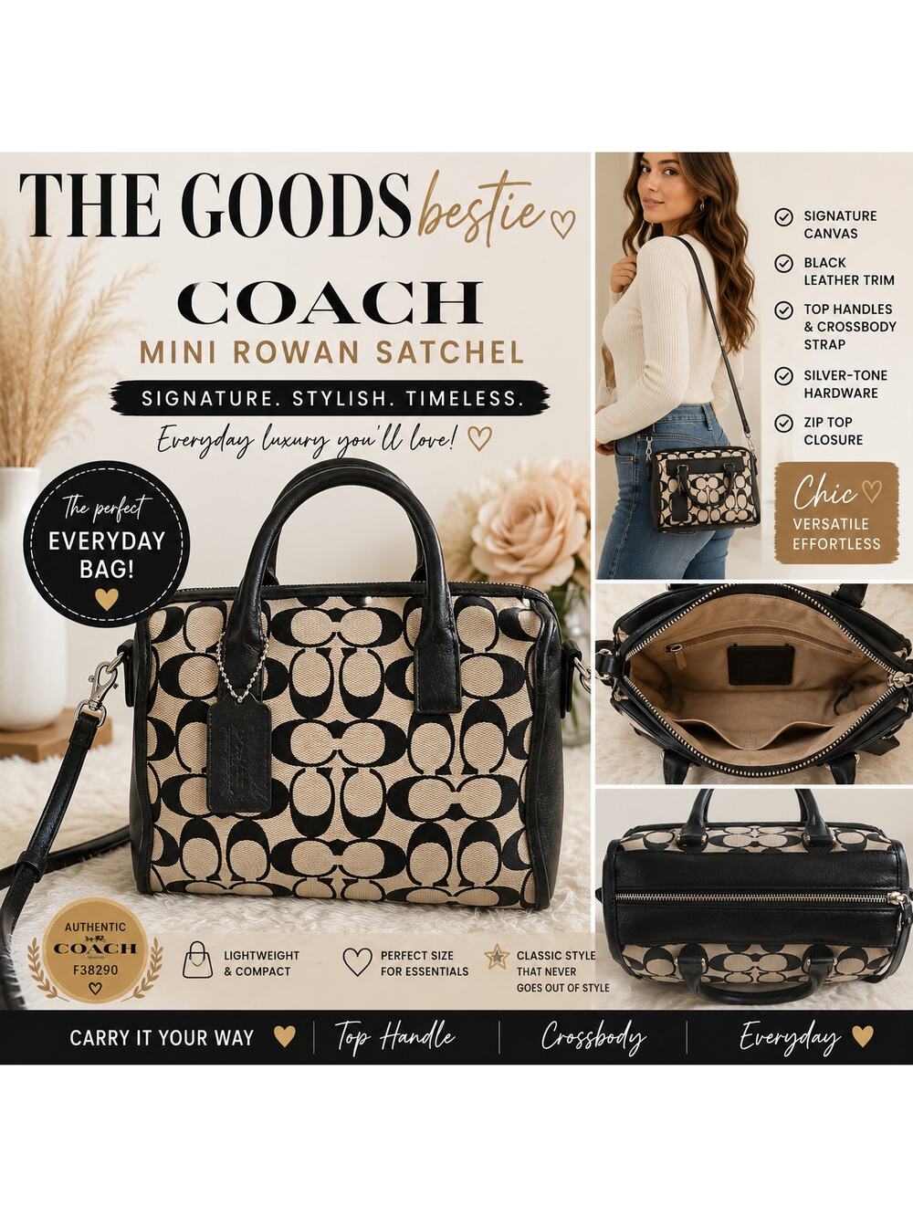 Coach Signature Canvas Rowan Satchel Crossbody Black Leather F38290